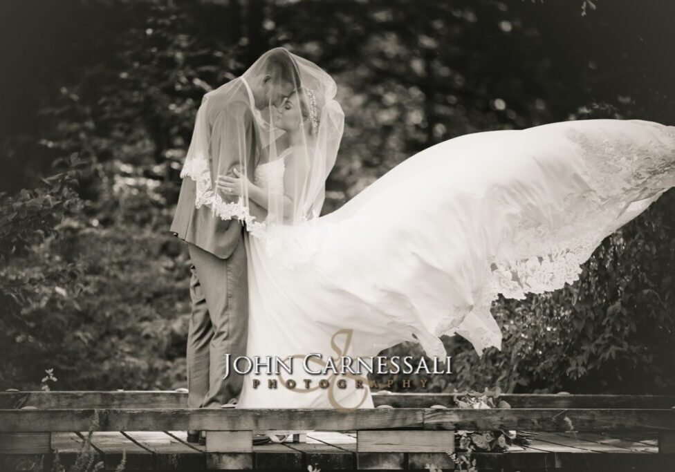 Black and white veil portrait of the newlyweds