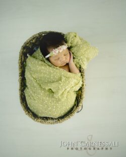 baby posed safely in a cozy basket setup with warm neutral textures, Studio newborn sleeping in a woven basket with soft neutral blankets, Fayetteville Manlius NY newborn photographer