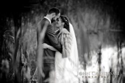 Wedding PHotography Bride and groom kissing by the water with fall reflections at Wolf Oak Acres in Oneida NY