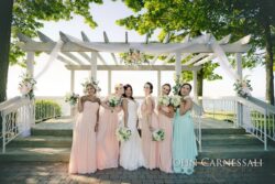 Bridesmaids and bride posing under pergola.