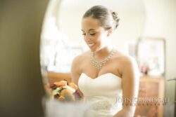 Bride in strapless gown with bouquet
