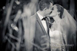 Newlyweds sharing kiss framed by tall reeds
