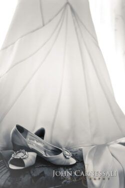 Black and white gown with jeweled low heels