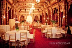 Ornate interior of the Landmark Theatre in Syracuse NY set for an elegant wedding.