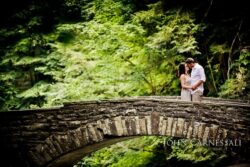 engagement photo of couple on a stone bridge with lush green trees in Central NY