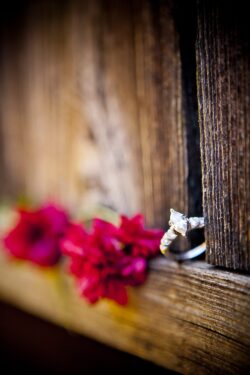 engagement detail photo of flowers on rustic wood, engagement session storytelling detail