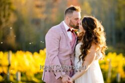 Sunset photo in upstate ny of bride and groom on their wedding day at Owera Vineyards