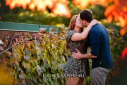 engagement photo of couple kissing at golden hour with warm sunset light