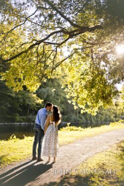 Rochester NY Park with a couple kissing under a tree with sun flare, golden hour engagement session