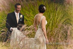 Bride and groom in lush grassy field.