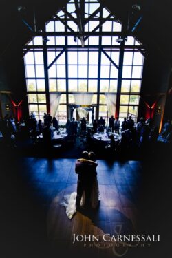 Silhouetted couple dancing before tall lake-view windows