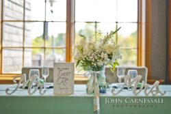 Wedding table with flowers and decor signs.