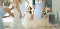 Bride with bridesmaids and young flower girl.
