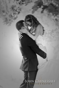 Groom lifting bride beneath dappled tree light