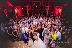 Large guest group surrounding the newlyweds