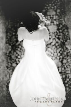 Bride in white dress, seen from above.