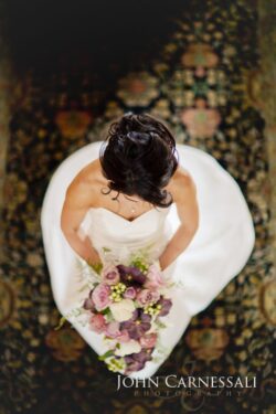 Top view of bride with purple bouquet