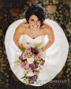 Overhead view of bride with bouquet