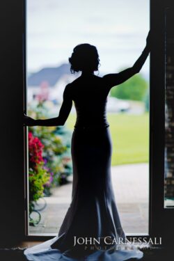 Wedding gown shadow against bright outdoors