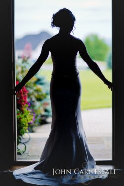 Backlit bride holding door frame