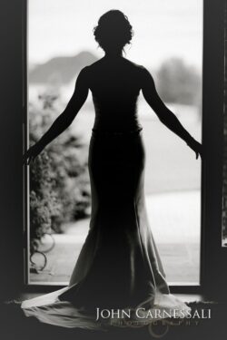 Silhouette of a bride in doorway.