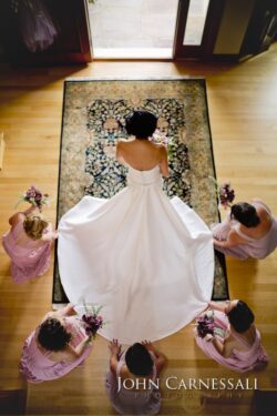 Top-down view of bride with bridesmaids