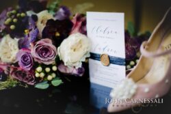 Color bridal bouquet with wax-sealed invitation