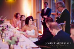 Wedding speech at reception dinner table.