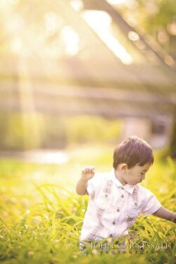 Young child sitting in sunlit grass