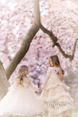 Two little girls standing together beneath pink blossoms