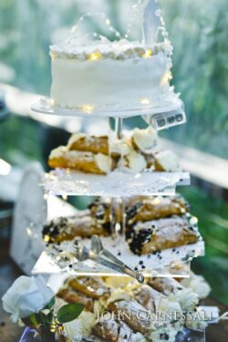 Close-up of the wedding cake and dessert display