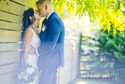 Bride and groom facing each other outdoors